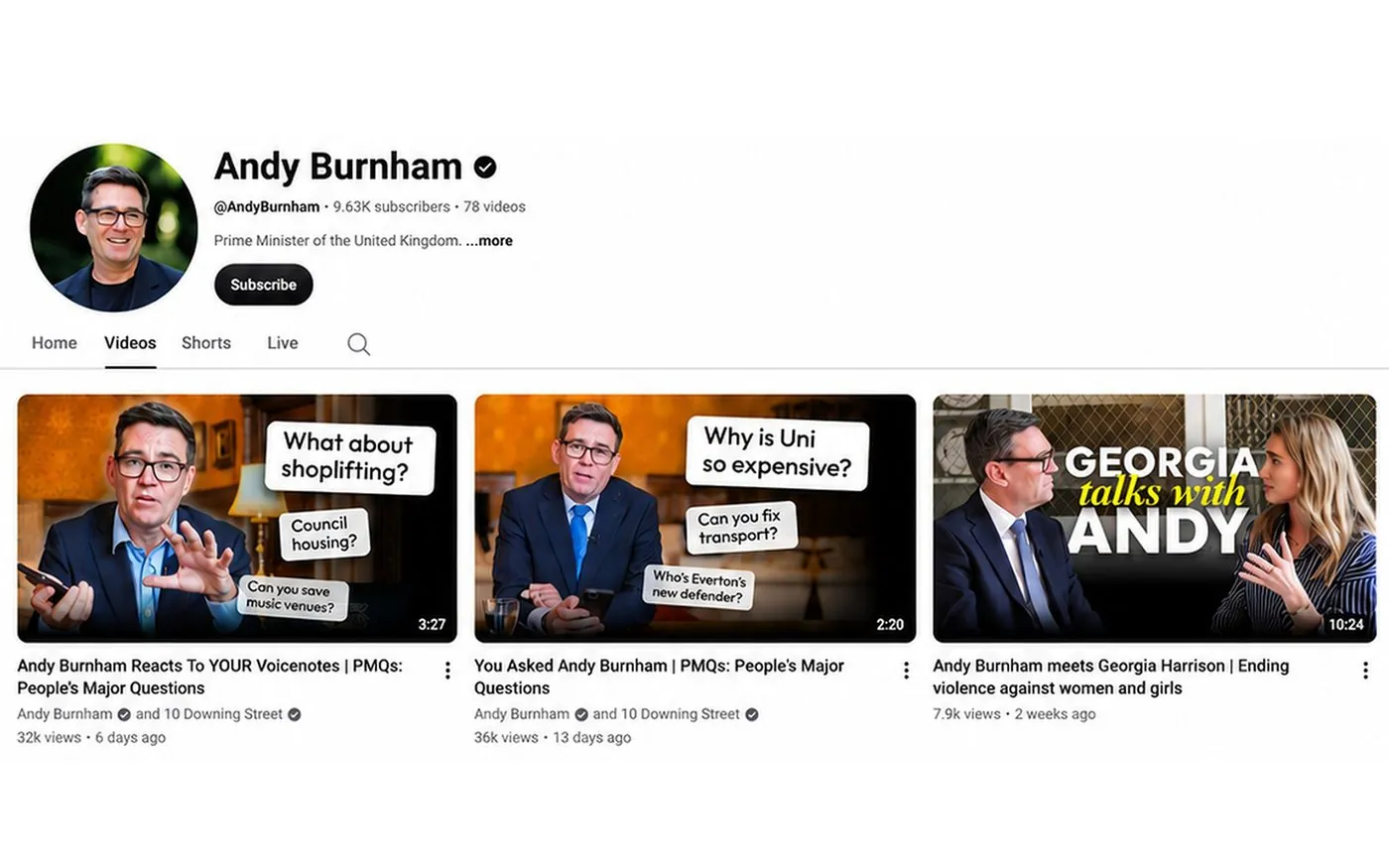 Andy Burnham's YouTube channel, recent long-form videos and their view counts