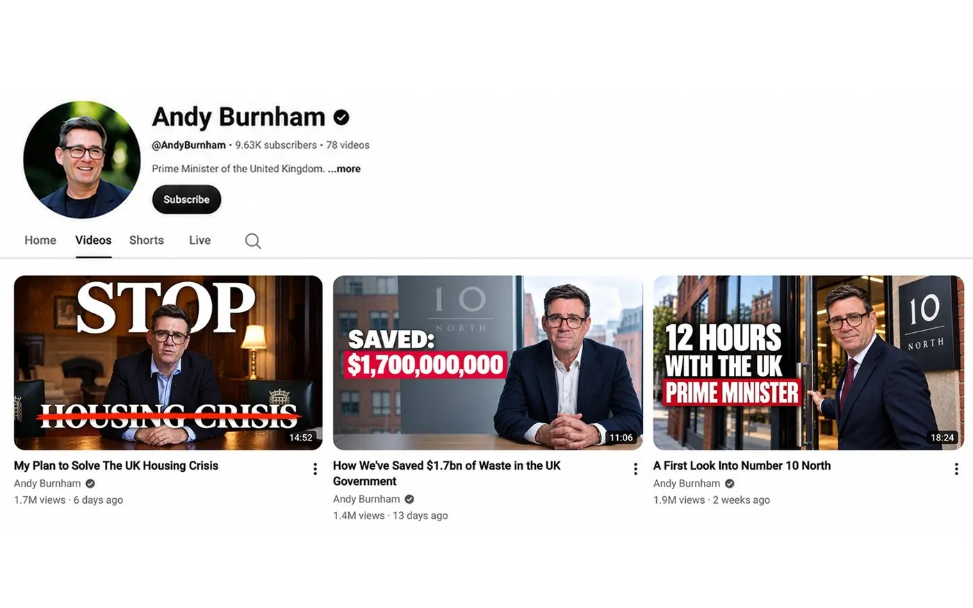 The same channel mocked up, showing long-form videos at millions of views each